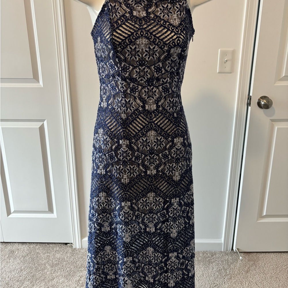 Foxiedox Blue and Silver Halter Sheath Maxi Dress